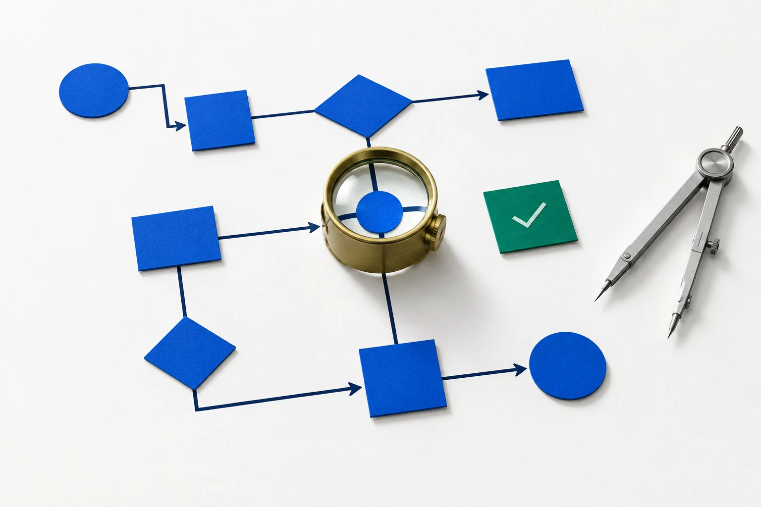 Minimalist editorial illustration showing a cobalt blue modular process diagram on a white desk being examined through a brass loupe beside emerald green review swatches.