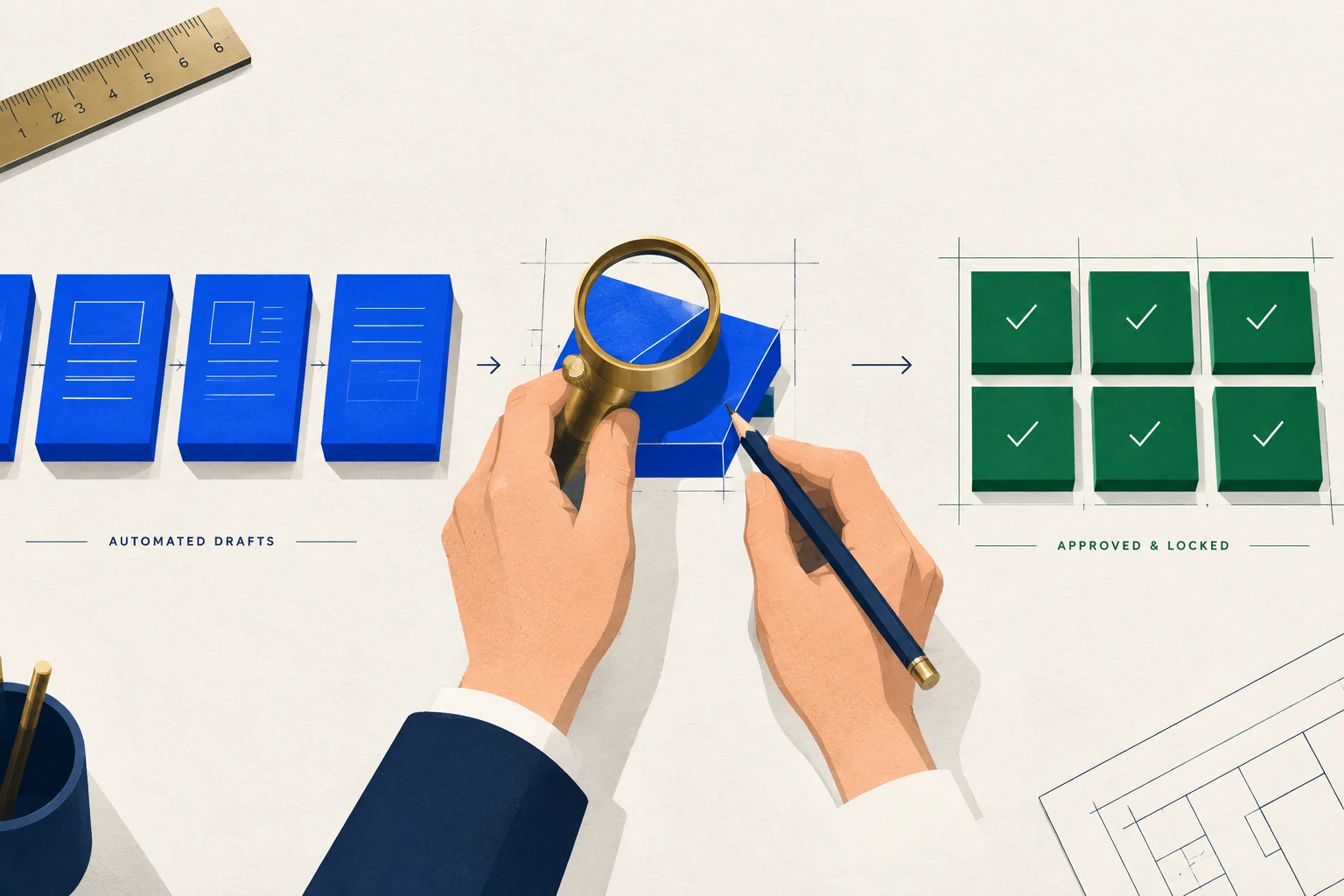 Blue draft blocks pass through human inspection before becoming green approved content blocks.