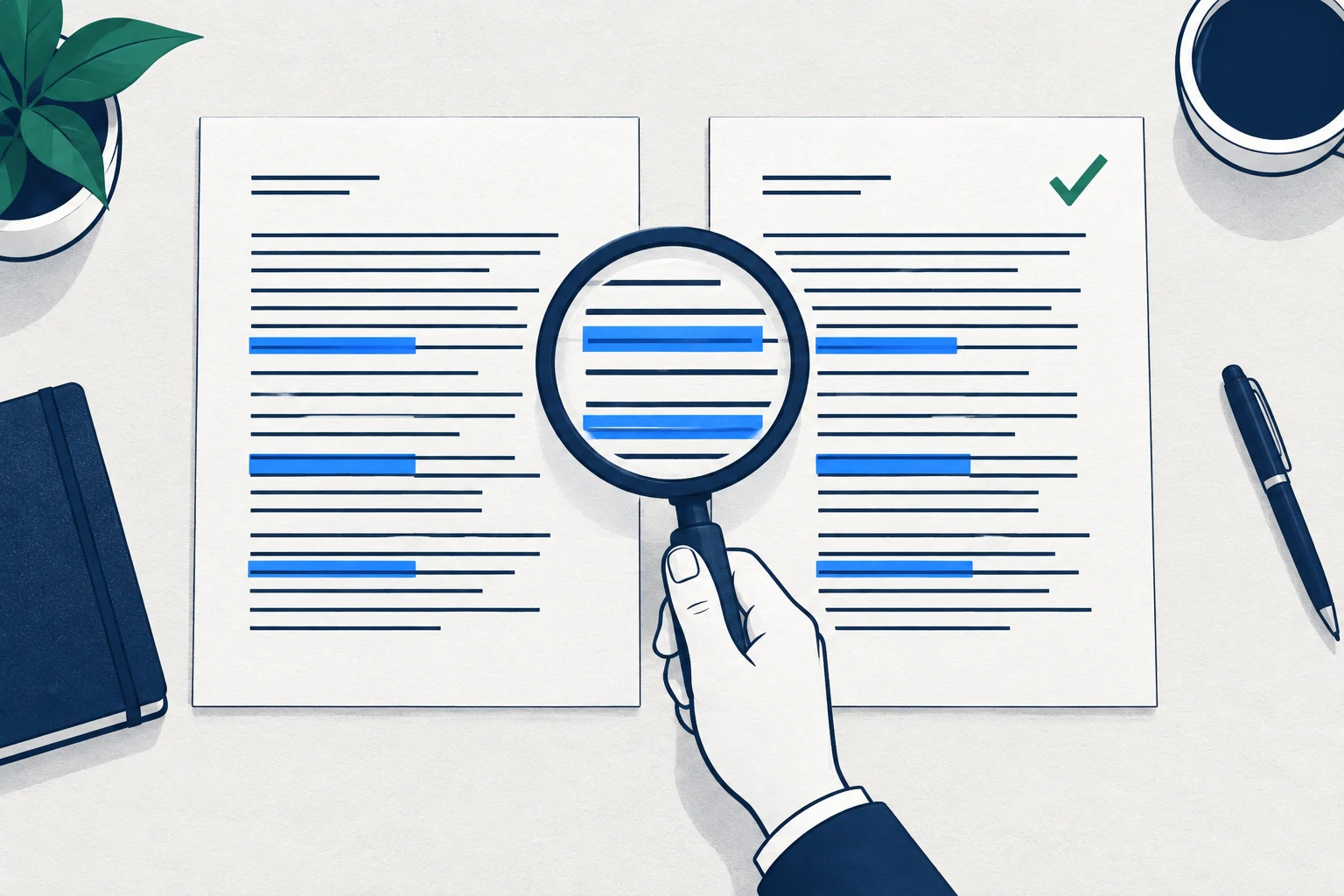 Editorial illustration of a magnifying loupe comparing highlighted passages in a draft and a source ledger.